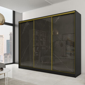 Šatní skříň MATTIA 250 bez zrcadla černá/kámen (žluté kování)
