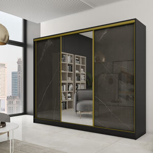 Šatní skříň MATTIA 250 se zrcadlem černá/kámen(žluté kování)