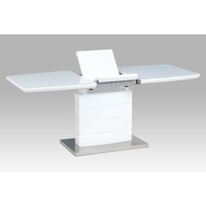 Rozkládací jídelní stůl HT-440 WT, bílý lesk/bílé sklo/broušený nerez
