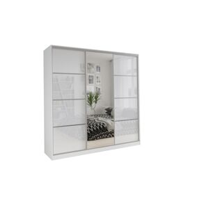 Šatní skříň NEJBY BARNABA 200 cm s posuvnými dveřmi, zrcadlem,4 šuplíky a 2 šatními tyčemi,bílý lesk