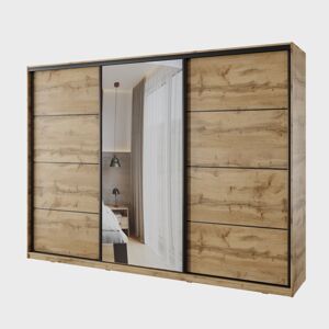 Šatní skříň NEJBY BARNABA 280 cm  s posuvnými dveřmi,zrcadlem,4 šuplíky a 2 šatními tyčemi,dub wotan