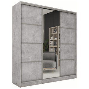 Šatní skříň LITOLARIS 180 se zrcadlem, 4 šuplíky a 2 šatními tyčemi, beton