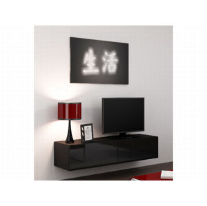 Televizní stolek KEAGEN 140 cm - plná dvířka, černá/černý lesk