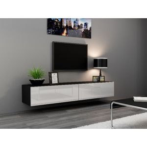 Televizní stolek KEAGEN 180 cm - plná dvířka, černá/bílý lesk